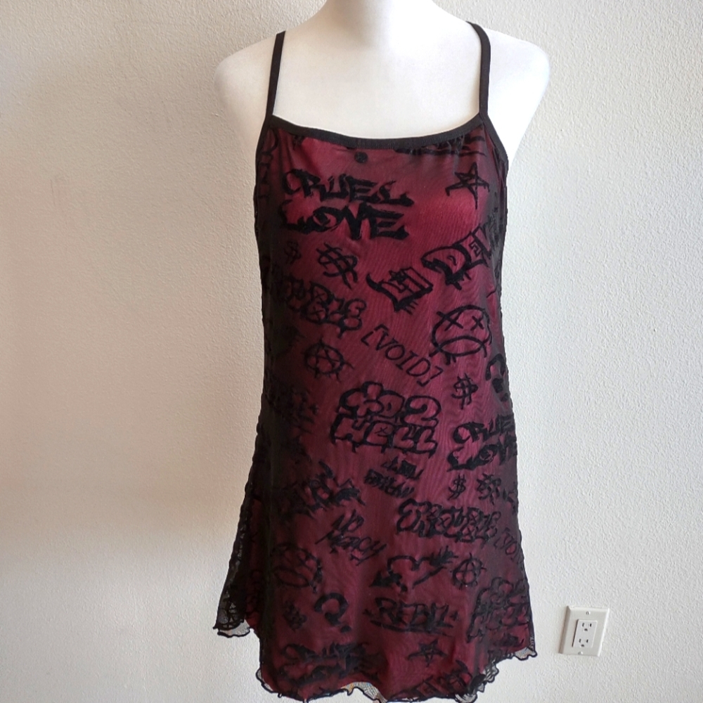 Current Mood punk pink graffiti dress with black mesh overlay XL